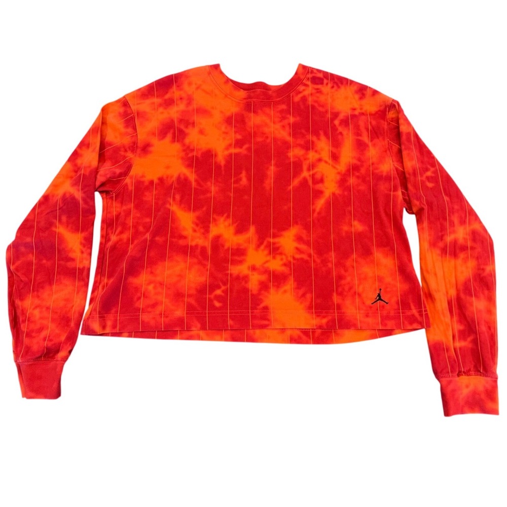 Jordan Womens Red Orange Tie Dye Pinstripe Long Sleeve Crop Top Loose Fit Large